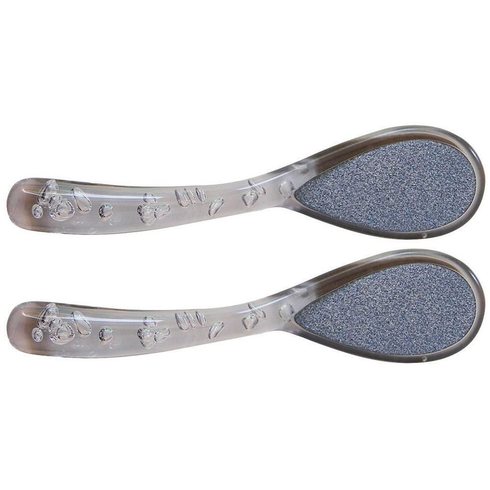 Zwei transparente Hornhautfeilen mit grauem Schleifbereich. Griffe mit Blasenmuster.