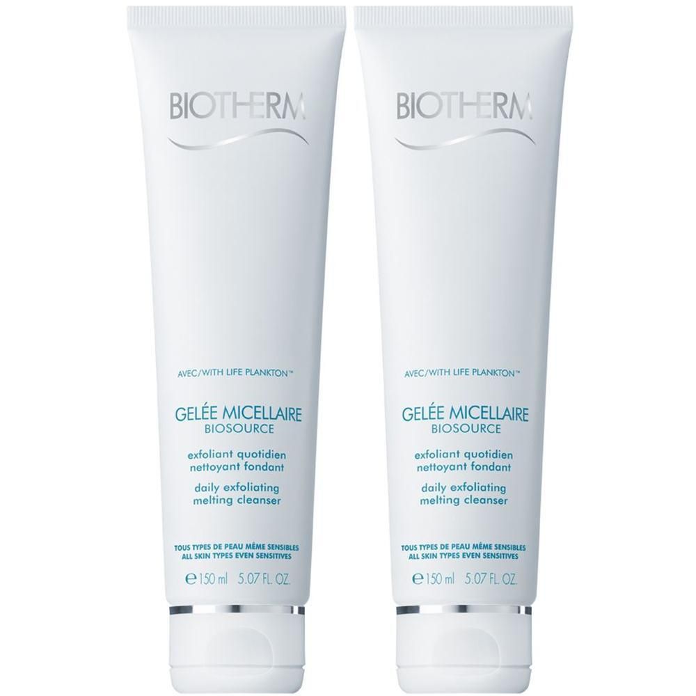 Zwei weiße Tuben mit Produkttext. Aufschrift: BIOTHERM, GELÉE MICELLAIRE BIOSOURCE, tägliches Peeling. Für empfindliche Haut. 150 ml.