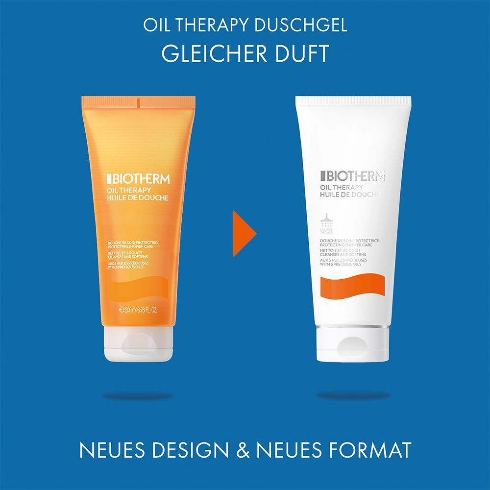 Vergleich von BIOTHERM Oil Therapy Duschöl. Links: orangefarbene Tube. Rechts: weiße Tube. Text: Neues Design & Neues Format.