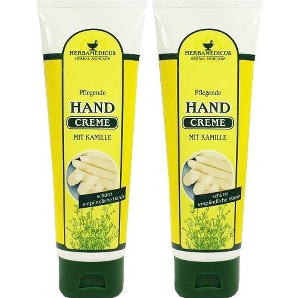 Zwei Tuben Handcreme. Gelbe Tube mit grünem Deckel. Aufschrift: HERBAMEDICUS, HAND CREME MIT KAMILLE. Bild von Kamillenblüten.