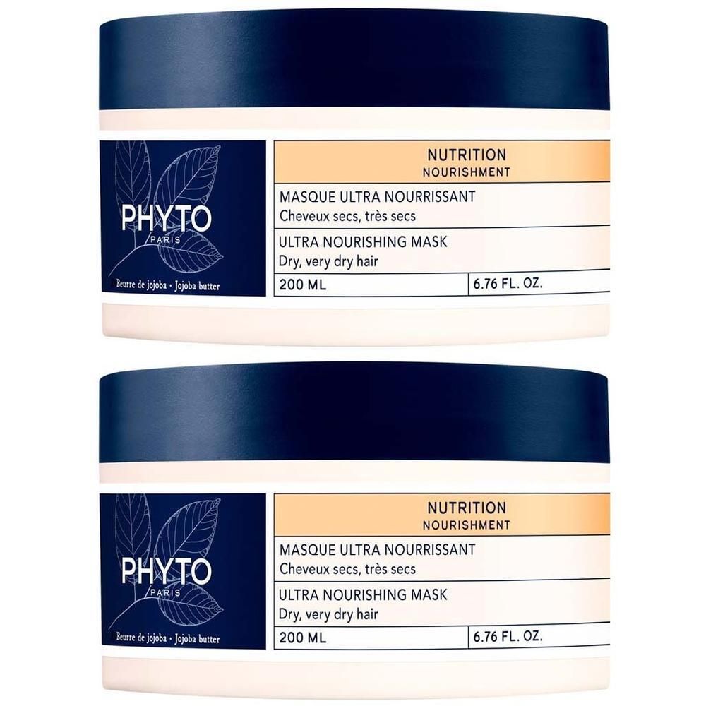 Zwei Tiegel PHYTO PARIS Maske. Weiße Tiegel mit blauen und orangenen Etiketten. Text: Ultra Nourishing Mask, 200 ml.