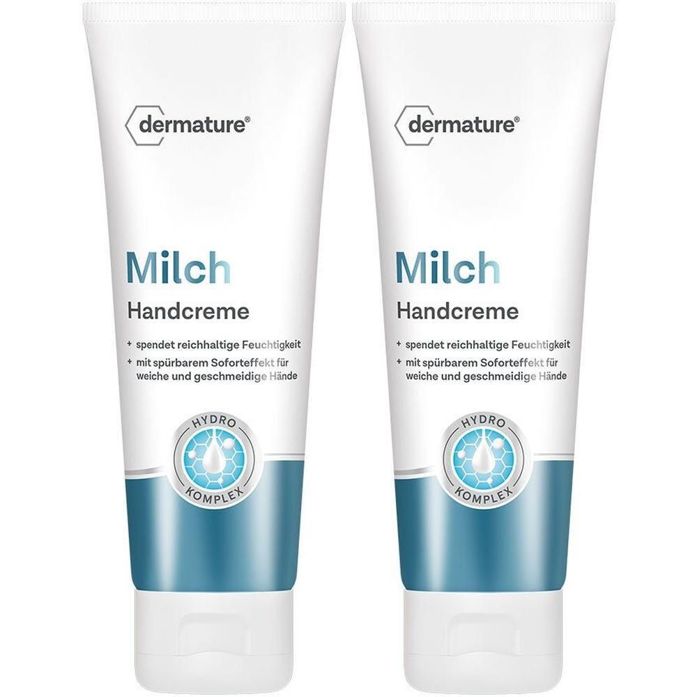 Zwei Tuben Handcreme. Aufschrift: dermature Milch Handcreme. Mit Hydro Komplex. Weiße Tuben mit blauer Schrift und Akzenten.