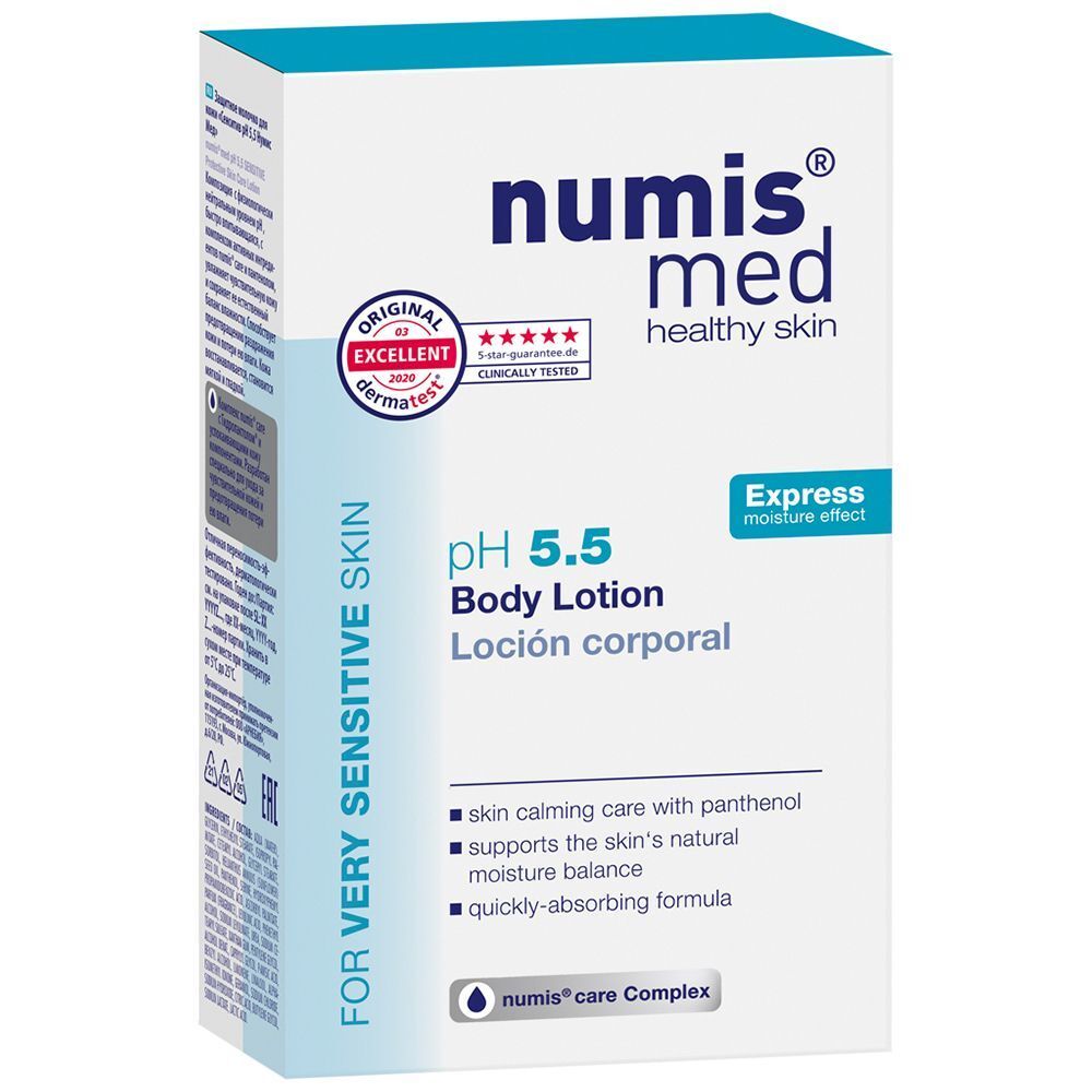 Verpackung von NUMIS med Körperlotion. Aufschrift: pH 5.5, Body Lotion. Für sehr empfindliche Haut. Mit Qualitätszeichen.