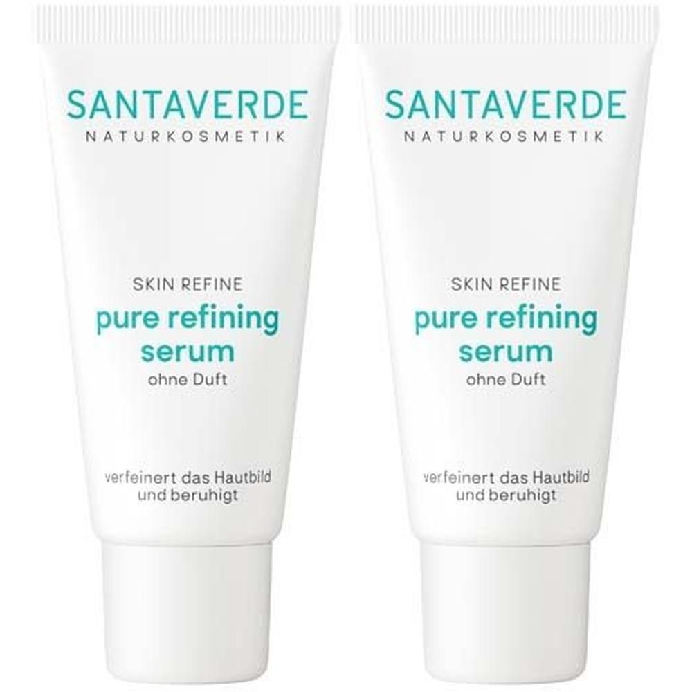 Zwei Tuben SANTAVERDE pure refining serum. Weiße Tuben mit grüner Schrift. Aufschrift: Skin Refine, ohne Duft.