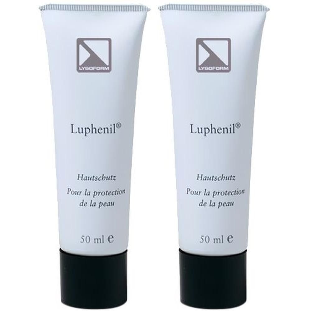 Zwei Tuben LUPHENIL Hautschutz. Weiße Tuben mit schwarzem Deckel. Logo und Schriftzug LUPHENIL. Text: Hautschutz, Pour la protection de la peau, 50 ml e.