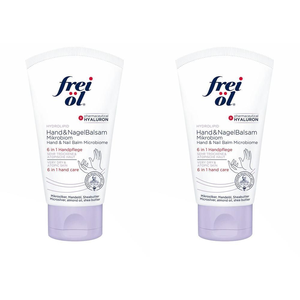 Zwei Tuben Hand- und Nagelbalsam. Weißes Tubendesign mit lila Akzenten. Aufschrift: frei öl, Hand & NagelBalsam Mikrobiom, 6 in 1 Handpflege.