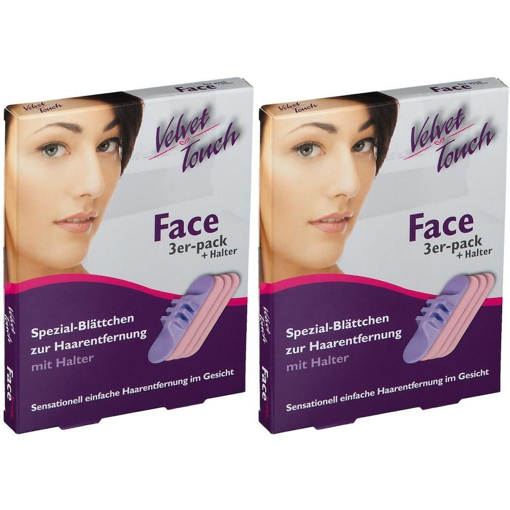Zwei Produktverpackungen. Auf jeder Packung ist ein Frauenporträt abgebildet. Aufschrift: Velvet Touch Face 3er-pack + Halter. Spezial-Blättchen zur Haarentfernung.