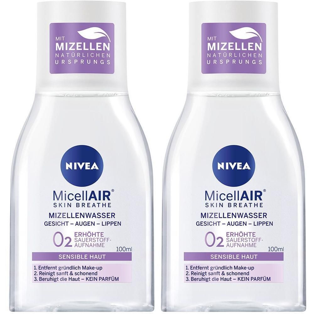 Zwei Flaschen NIVEA MicellAIR Mizellenwasser. Klare Flüssigkeit in durchsichtigen Flaschen. Lila Etiketten mit Text. Blaue NIVEA-Logos.