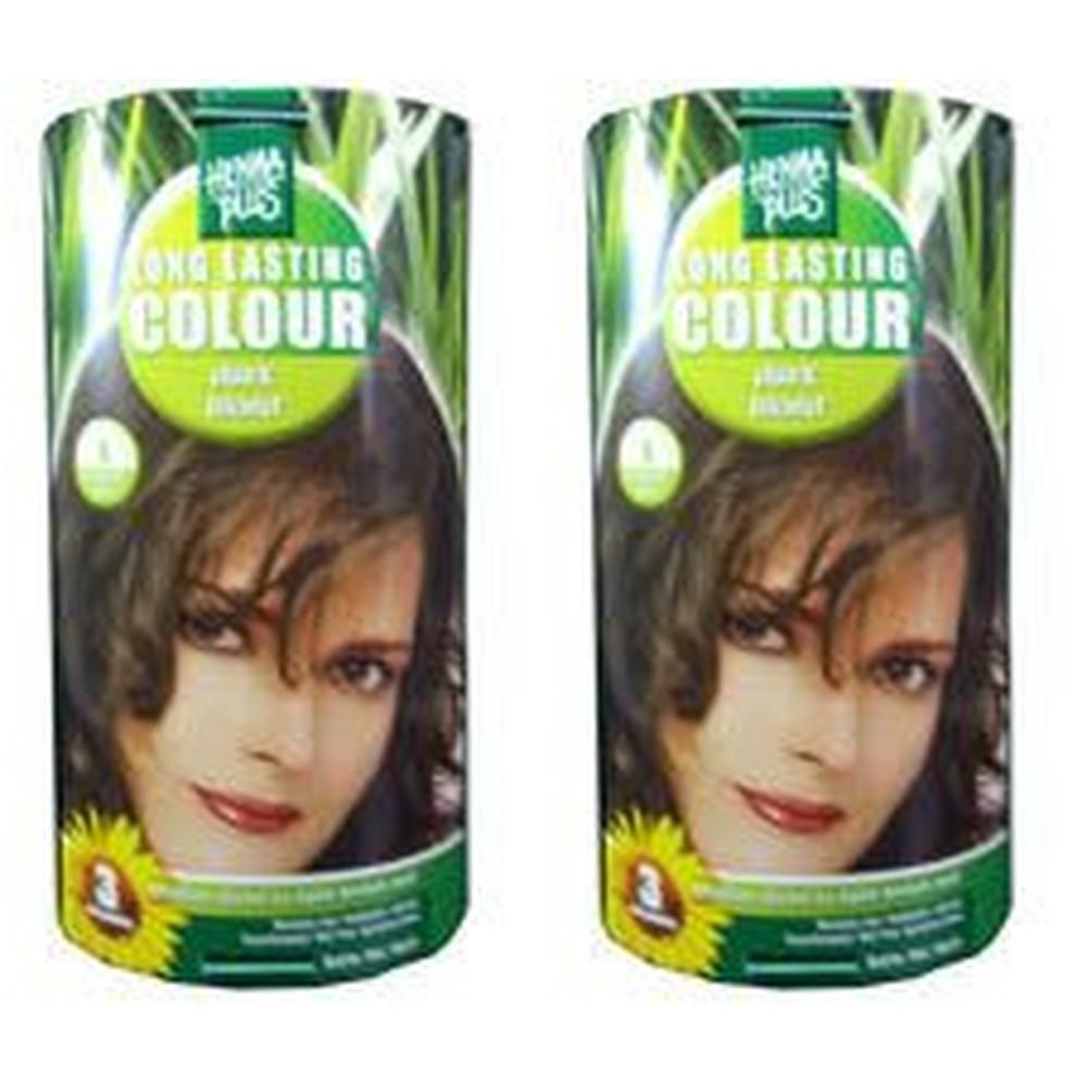 Zwei zylindrische Verpackungen. Auf jeder Verpackung ist ein Frauenporträt abgebildet. Text: Long Lasting Colour, dark blond.