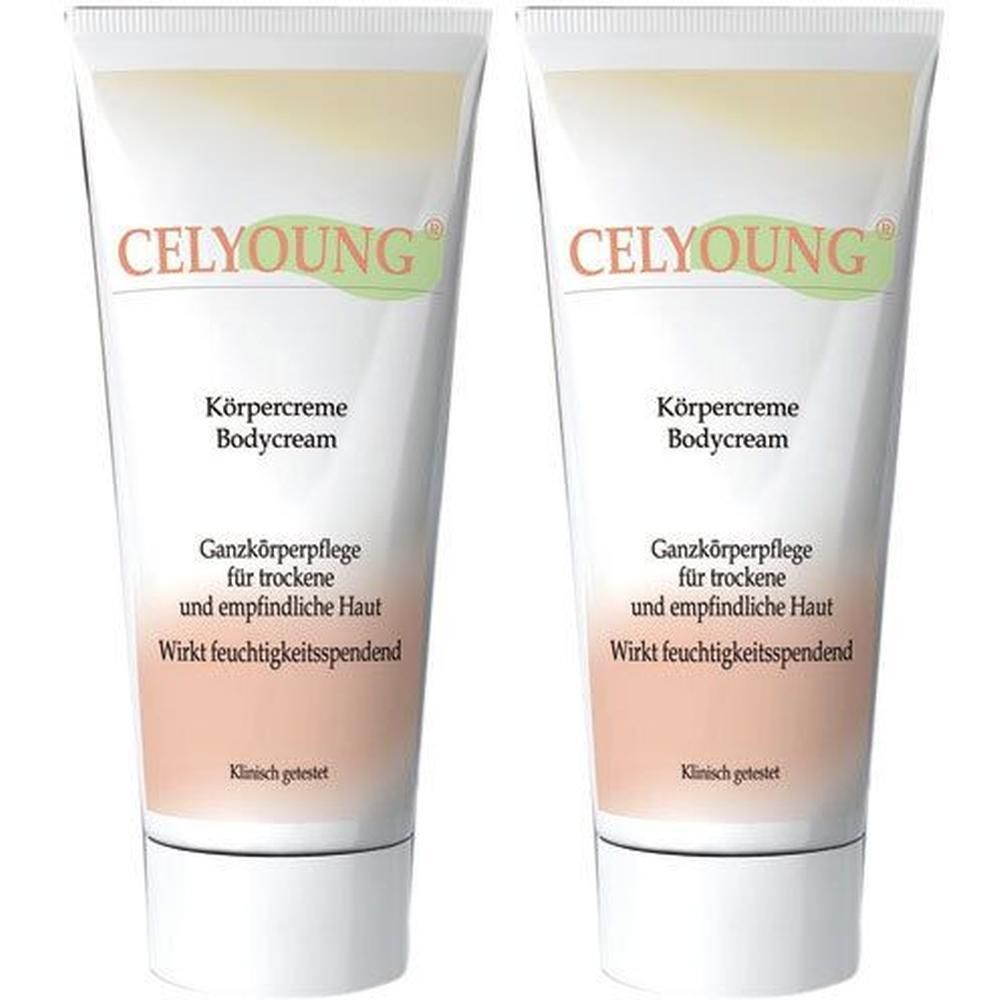 Zwei Tuben CELYOUNG® Körpercreme. Weiße Tuben mit Produktbezeichnung, Text und Logo. Aufschrift: Ganzkörperpflege für trockene und empfindliche Haut.
