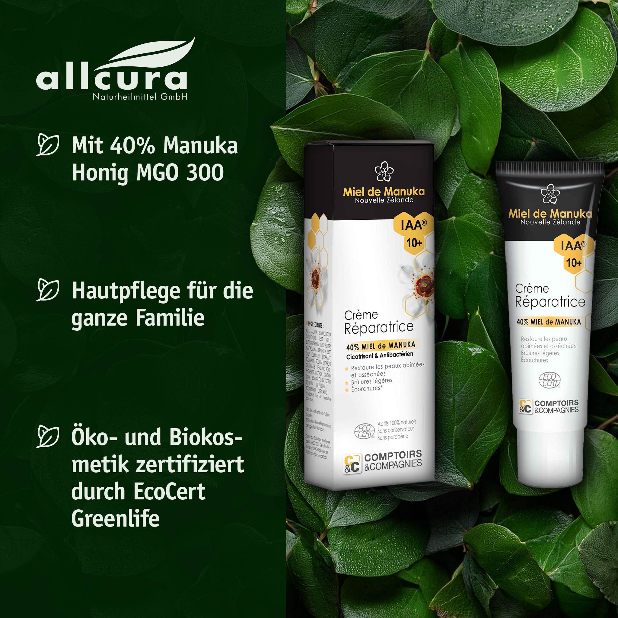 Produkt und Tube vor grünem Hintergrund. Text: Crème Réparatrice, 40% Miel de Manuka, IAA 10+. ECOCERT-Zertifizierung.