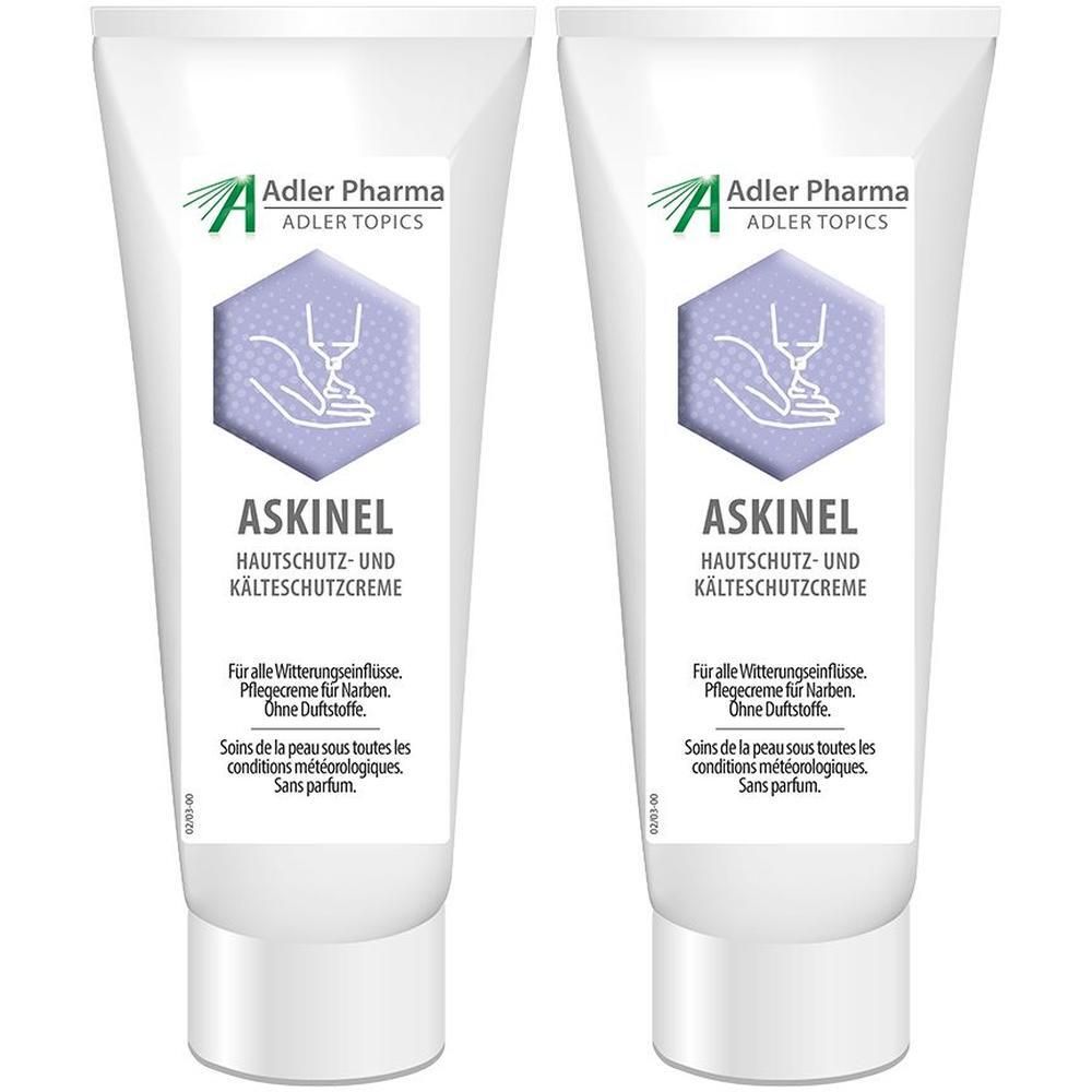 Zwei Tuben ASKINEL Hautschutz- und Kälteschutzcreme. Weiß, mit lila Logo und Text. Adler Pharma.
