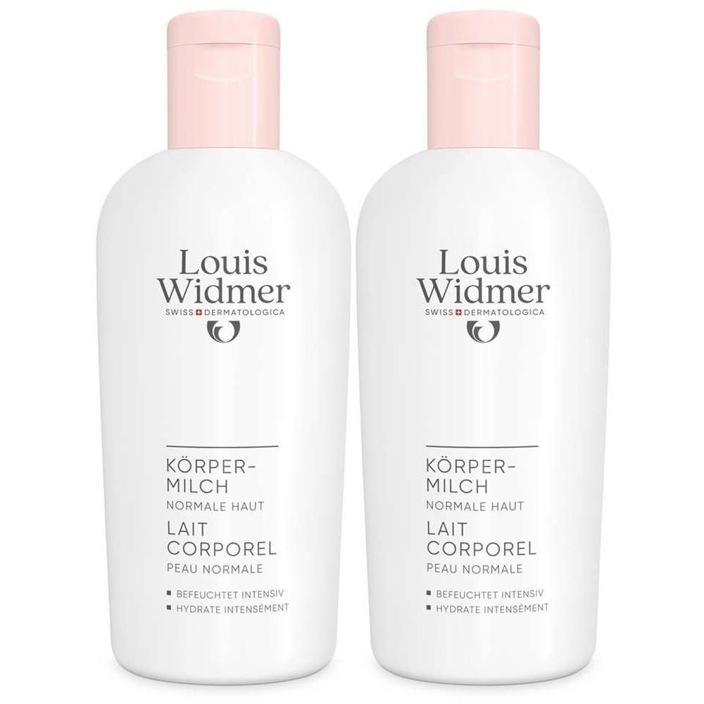 Zwei weiße Flaschen mit rosa Deckel. Aufschrift: Louis Widmer, Körpermilch, Normale Haut, Lait Corporel, Peau Normale.