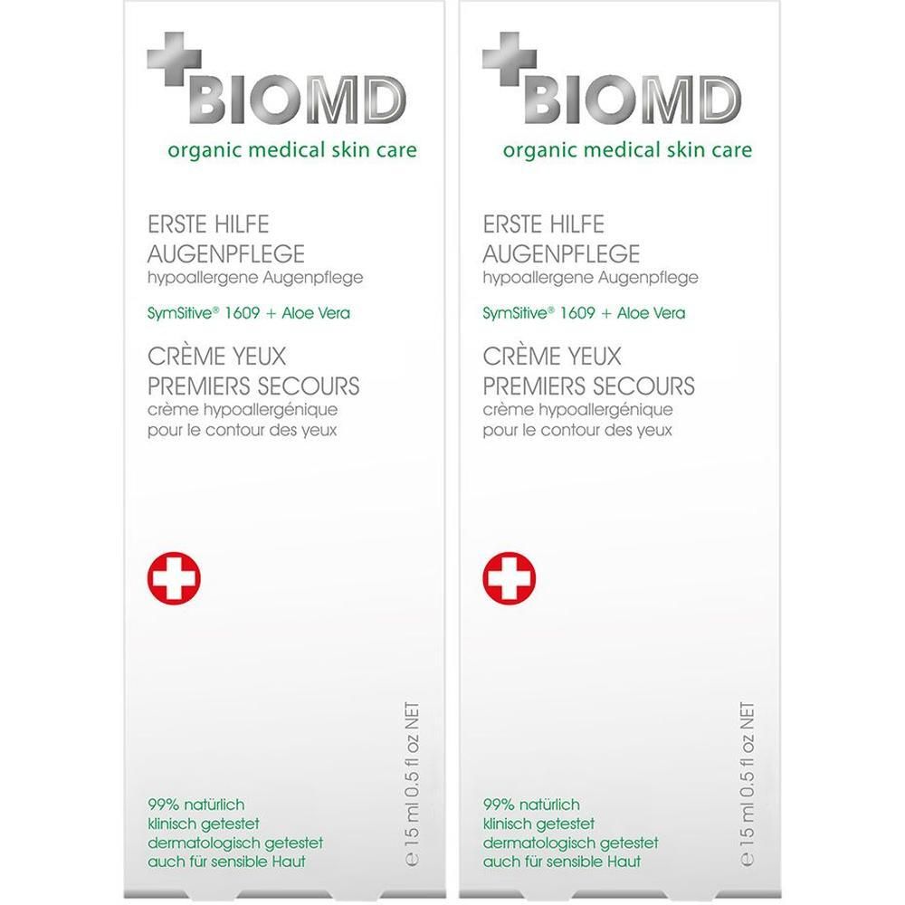 Zwei Tuben Augenpflege Creme, weiß mit grüner Schrift. BIOMD Logo und Produktbezeichnung. 15 ml.