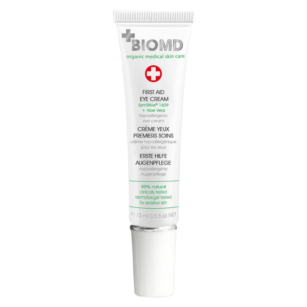 Tube Augenpflege Creme, weiß mit grüner Schrift. BIOMD Logo und Produktbezeichnung. 15 ml, Kappe.