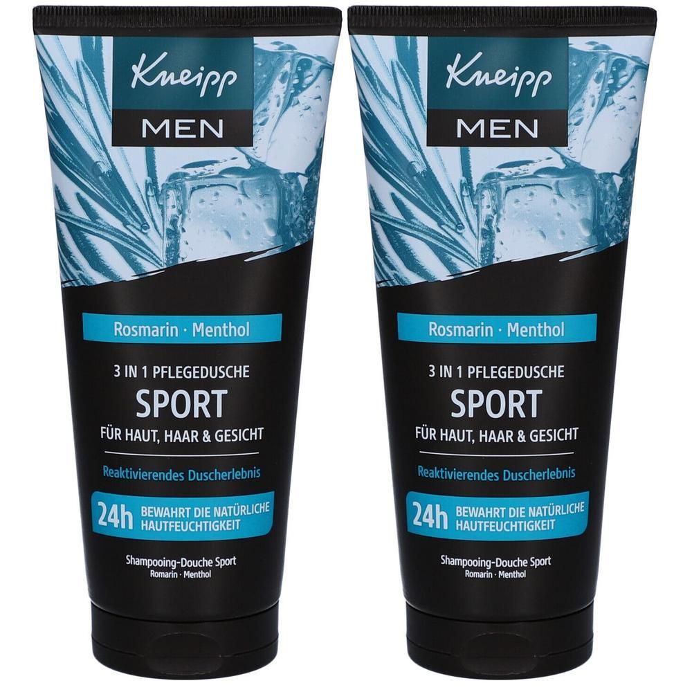 Zwei Tuben Kneipp Men 3in1 Pflegedusche Sport. Schwarze Tuben mit blauer Schrift und Logo. Enthält Rosmarin und Menthol. Für Haut, Haar und Gesicht.