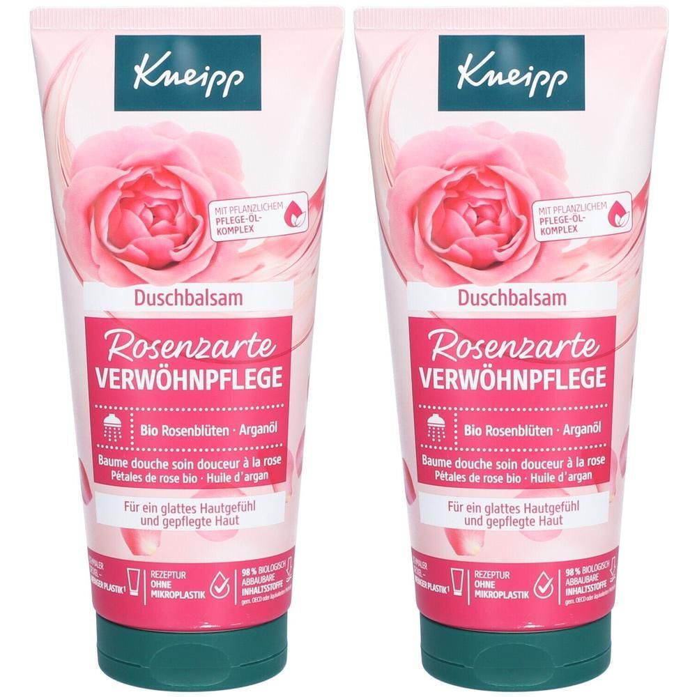 Zwei Tuben Duschbalsam. Rosa-weißes Design mit Rose und Kneipp-Logo. Text: Rosenzarte Verwöhnpflege, Bio Rosenblüten-Arganöl.