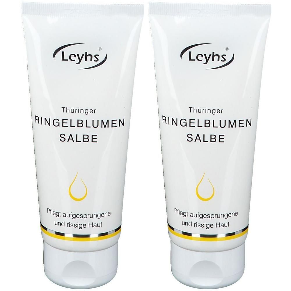 Zwei Tuben Salbe. Aufschrift: Leyhs, Thüringer Ringelblumen Salbe. Pflegt aufgesprungene und rissige Haut. Gelbe Grafik.