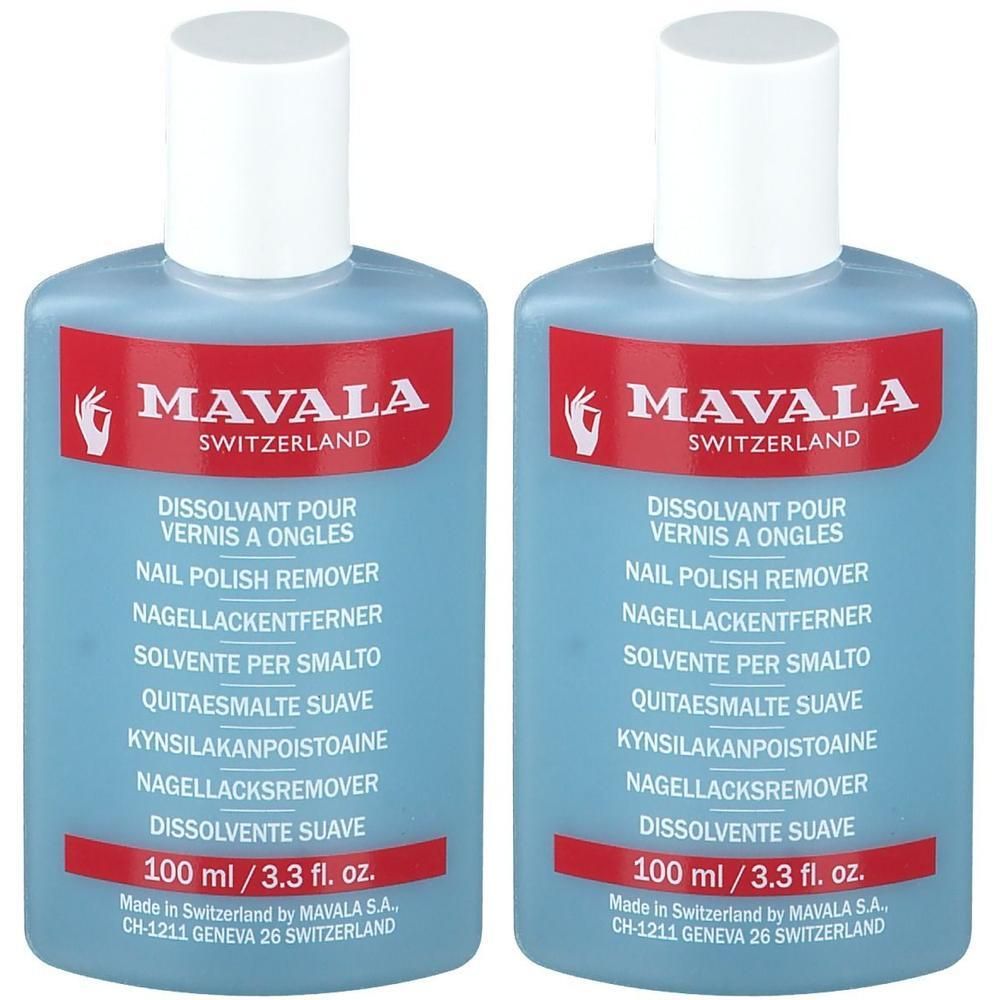 Zwei blaue Flaschen Nagellackentferner. Aufschrift: MAVALA, Nail Polish Remover, 100 ml.
