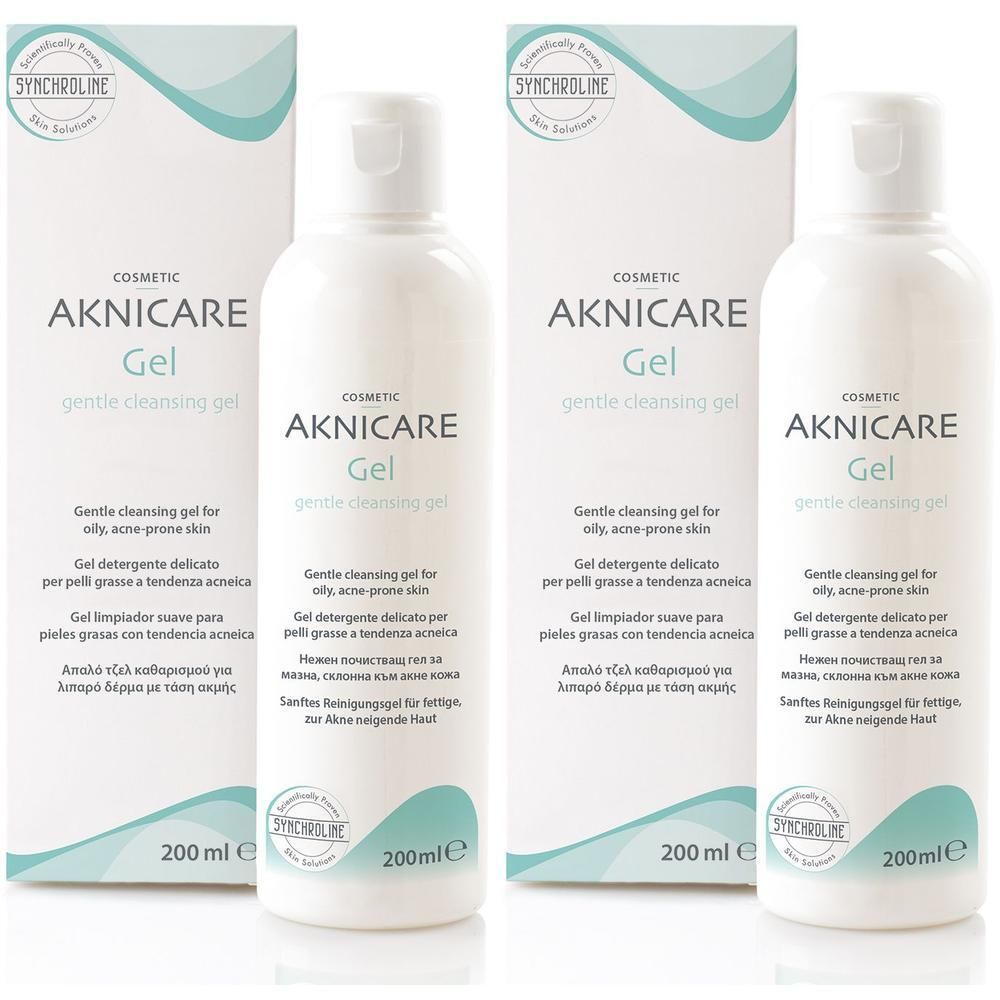 Zwei Flaschen und zwei Kartons SYNCHROLINE Aknicare Gel. Weiße Flaschen mit weißem Deckel. Aufdruck: Aknicare Gel, 200 ml.