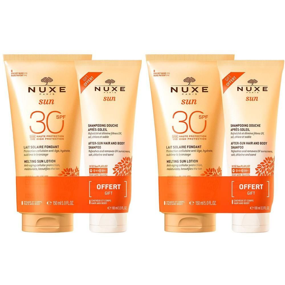 Sonnenmilch- und Duschshampoo-Set. Vier Tuben Sonnenmilch und Duschshampoo. Text: NUXE Sun, SPF 30, OFFERT GIFT.