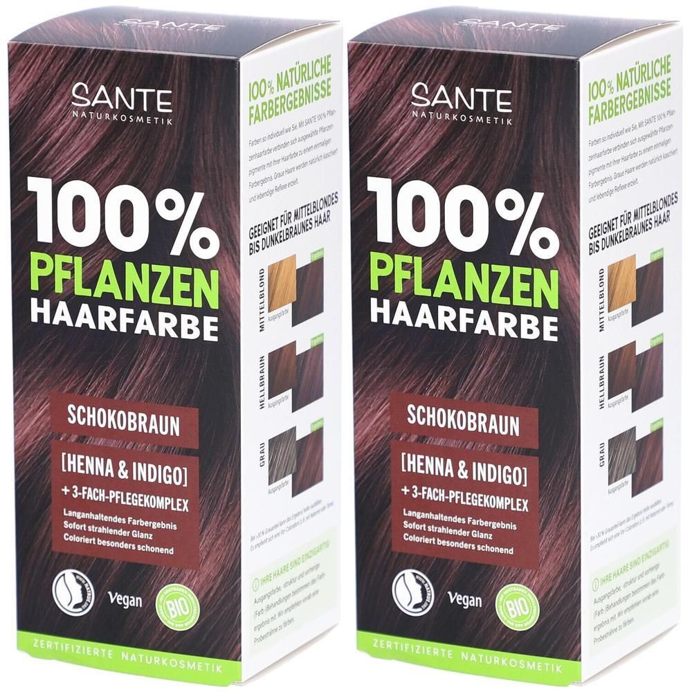 Zwei Kartons Sante Pflanzen Haarfarbe Schokobraun. Aufdruck: 100% Pflanzen Haarfarbe, Vegan, Bio. Farbabbildungen.