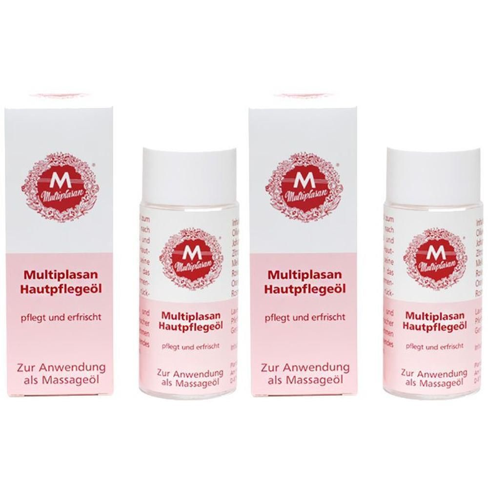 Vier Flaschen und Verpackungen. Aufschrift: Multiplasan Hautpflegeöl. Rosa-weiße Verpackung. Logo: rotes 'M' in einem Kranz.