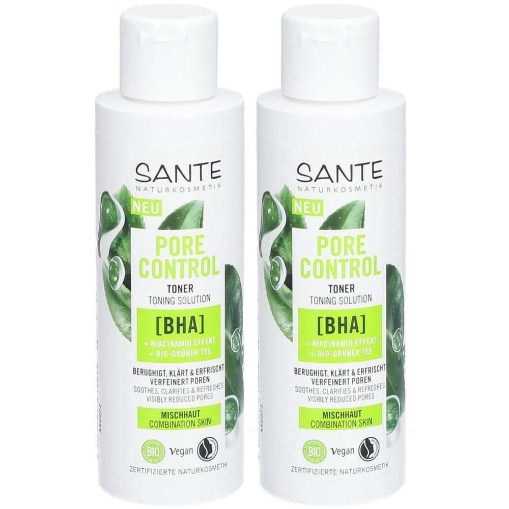 Zwei weiße Flaschen SANTE PORE CONTROL TONER. Aufschrift: [BHA], Mischhaut, Vegan. Grün-weiße Etiketten mit Blättern.