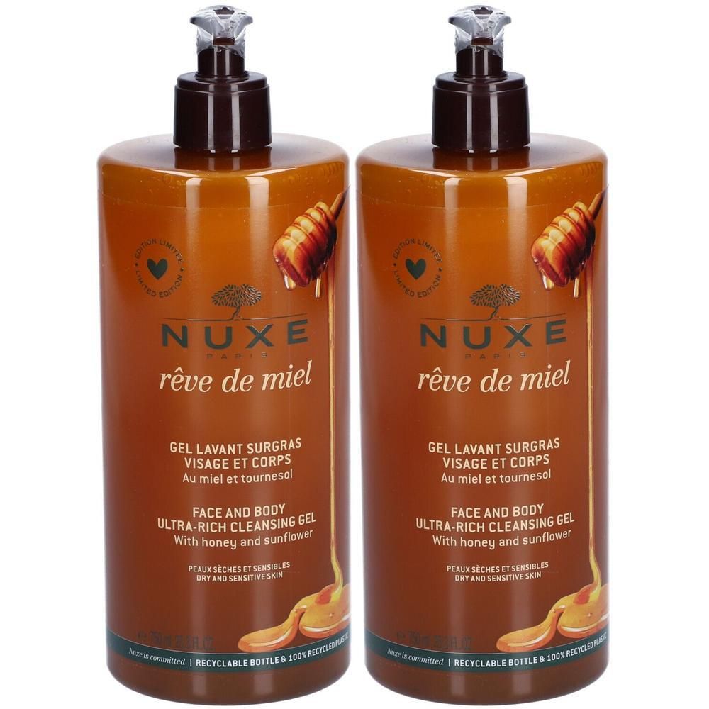 Zwei braune Flaschen mit Pumpaufsatz. Aufschrift: NUXE rêve de miel, Gel Lavant Surgras Visage et Corps. Ultra-reichhaltiges Reinigungsgel.