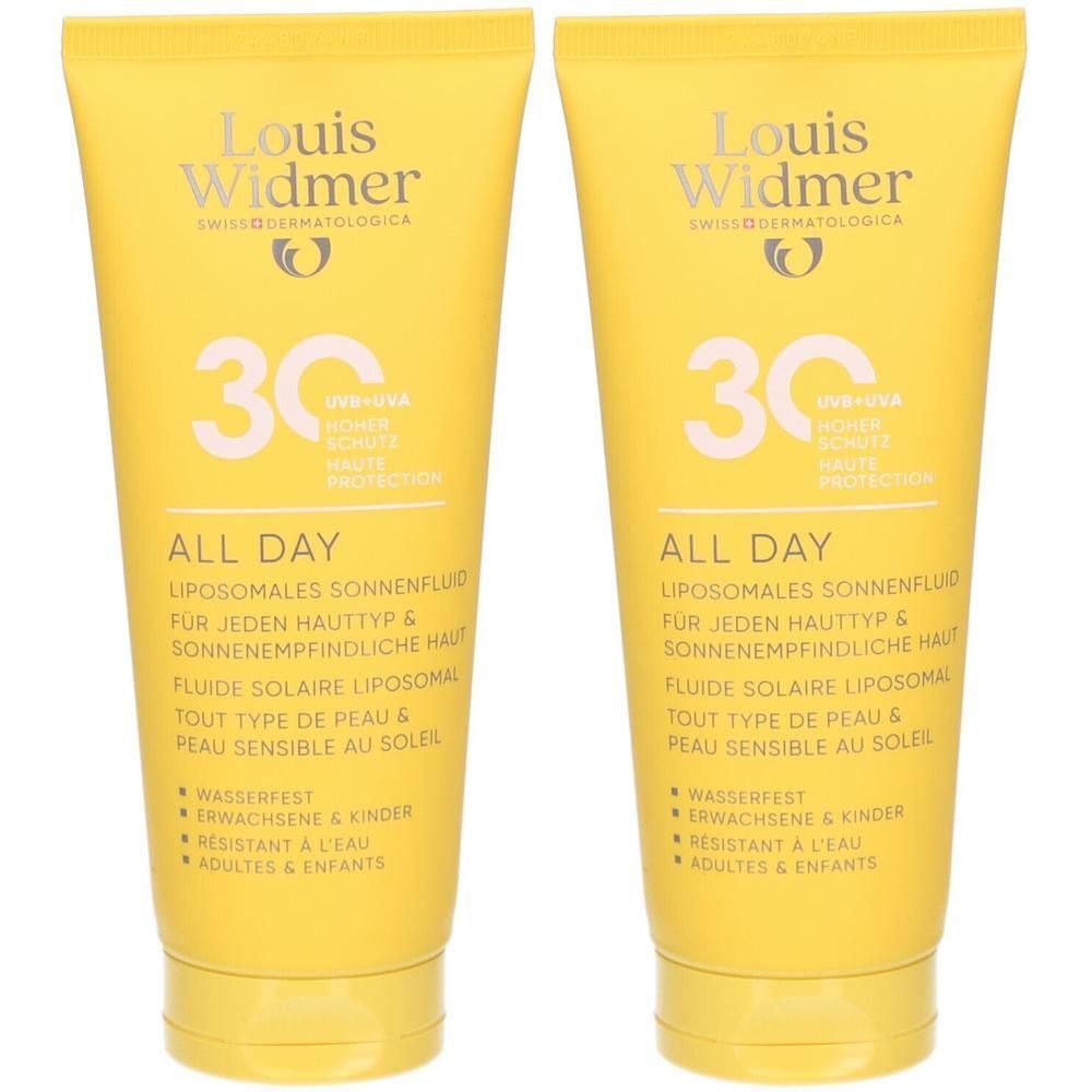 Zwei gelbe Tuben mit Sonnencreme. Aufschrift: Louis Widmer, 30, All Day, Sonnenschutz. Wasserfest, für Erwachsene und Kinder.