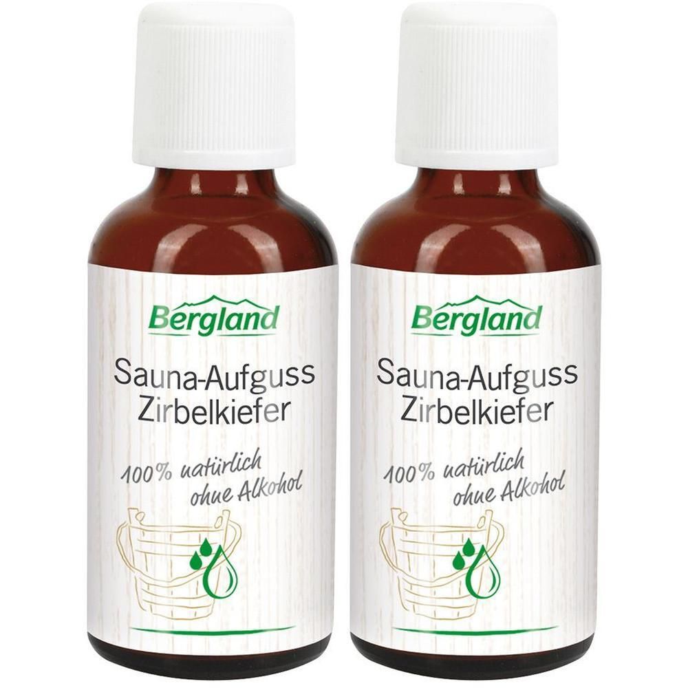 Zwei braune Flaschen mit weißem Deckel. Auf den Etiketten steht "Bergland Sauna-Aufguss Zirbelkiefer". Text: "100% natürlich ohne Alkohol".