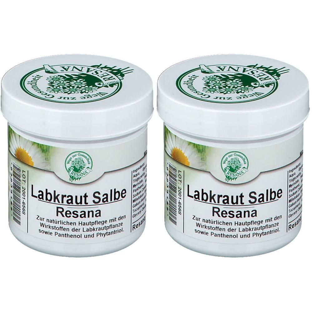 Zwei weiße Tiegel mit Deckel. Aufschrift: Labkraut Salbe Resana. Grünes Logo mit Schriftzug. Text in deutscher Sprache.