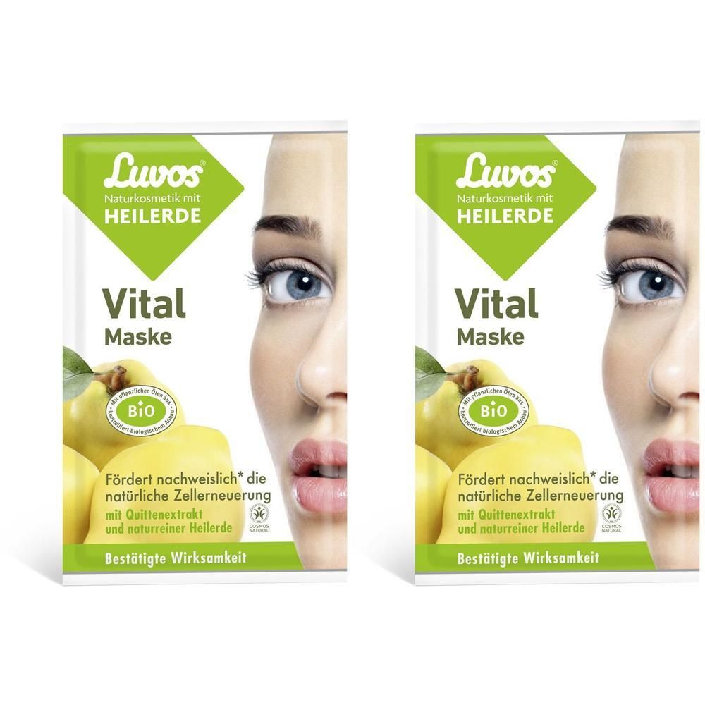 Zwei Beutel Luvos Vital Maske. Grün-weiß Verpackung mit Produktname, Logo und Gesicht. BIO-Siegel und Quitte-Abbildung.