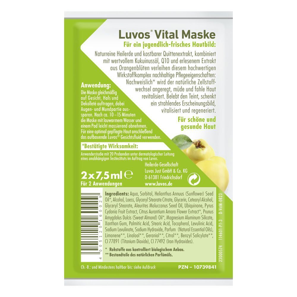 Rückseite einer Luvos Vital Maske. Text in deutscher Sprache. Enthält Produktinformationen, Inhaltsstoffe und Herstelleradresse.