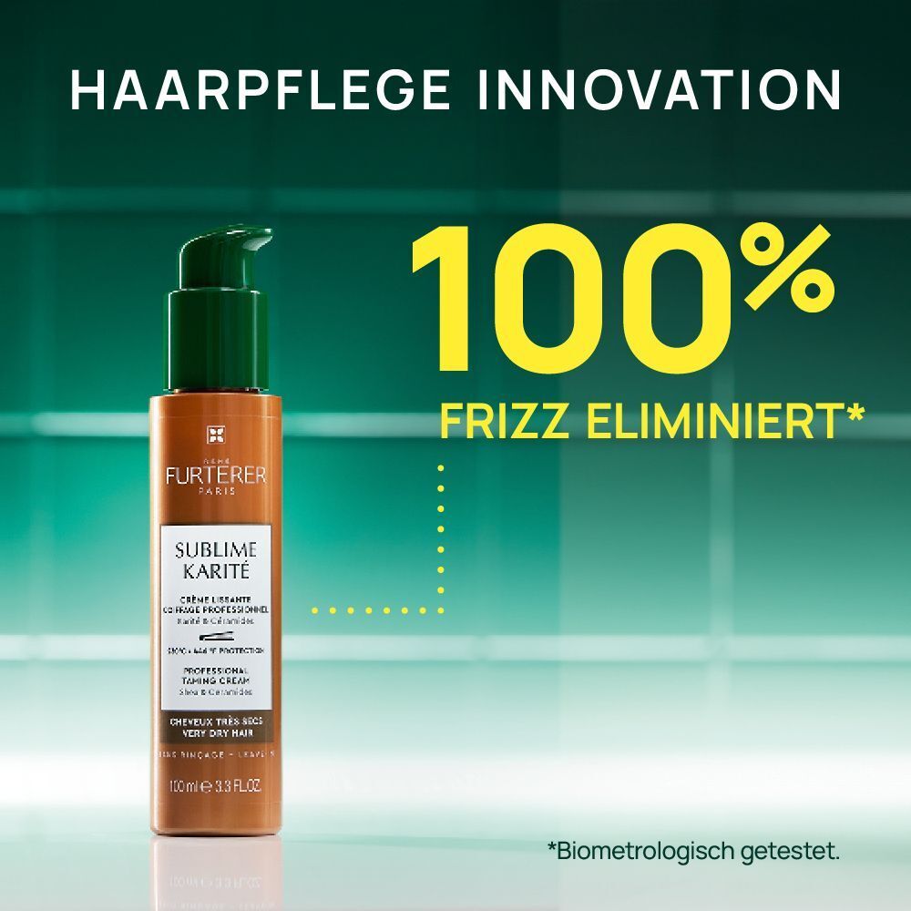 Flasche Creme mit Pumpverschluss. Aufschrift: Sublime Karité. Text: 100% Frizz eliminiert.