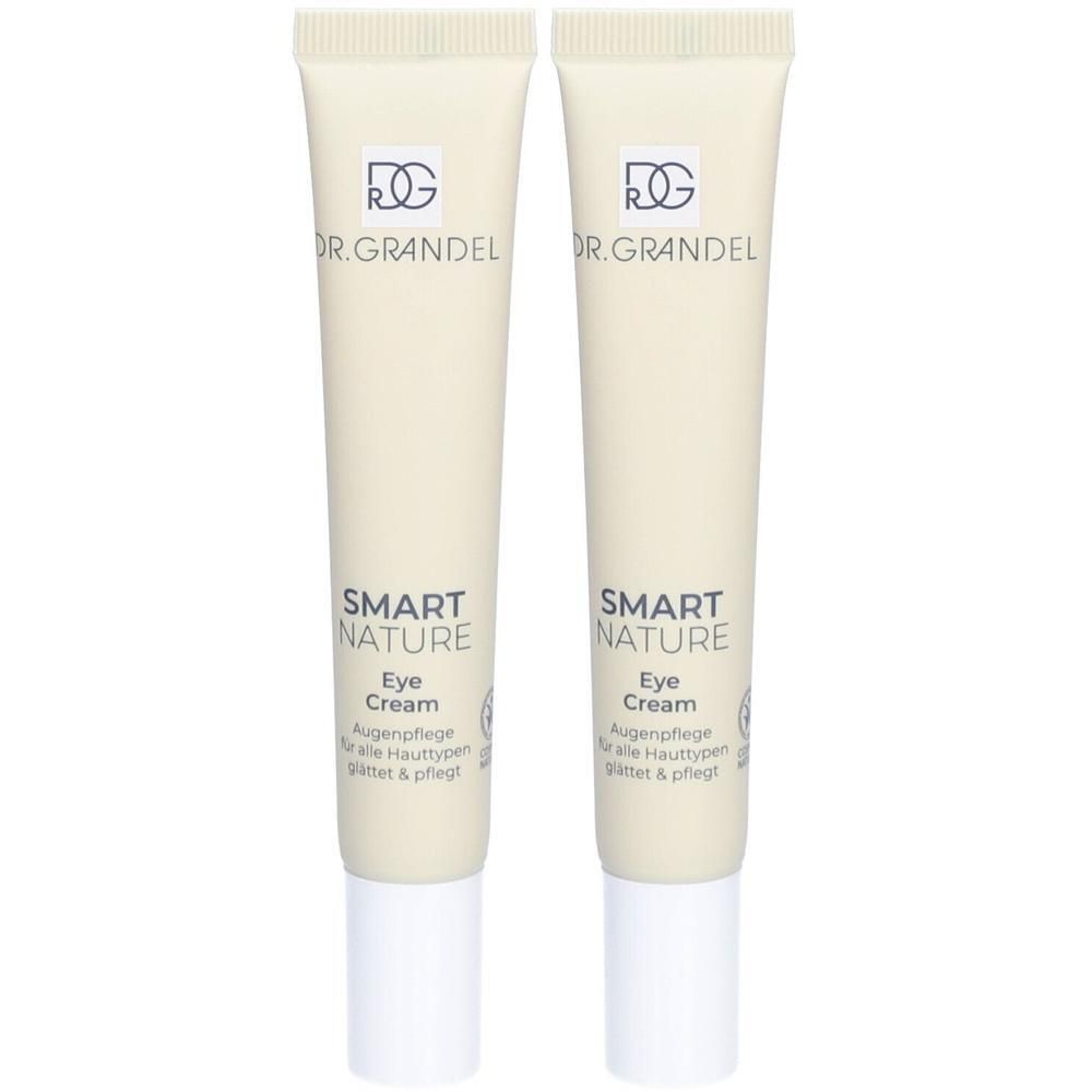 Zwei Tuben Augencreme. Aufschrift: DR. GRANDEL, SMART NATURE Eye Cream. Weiße Tube mit weißem Deckel.