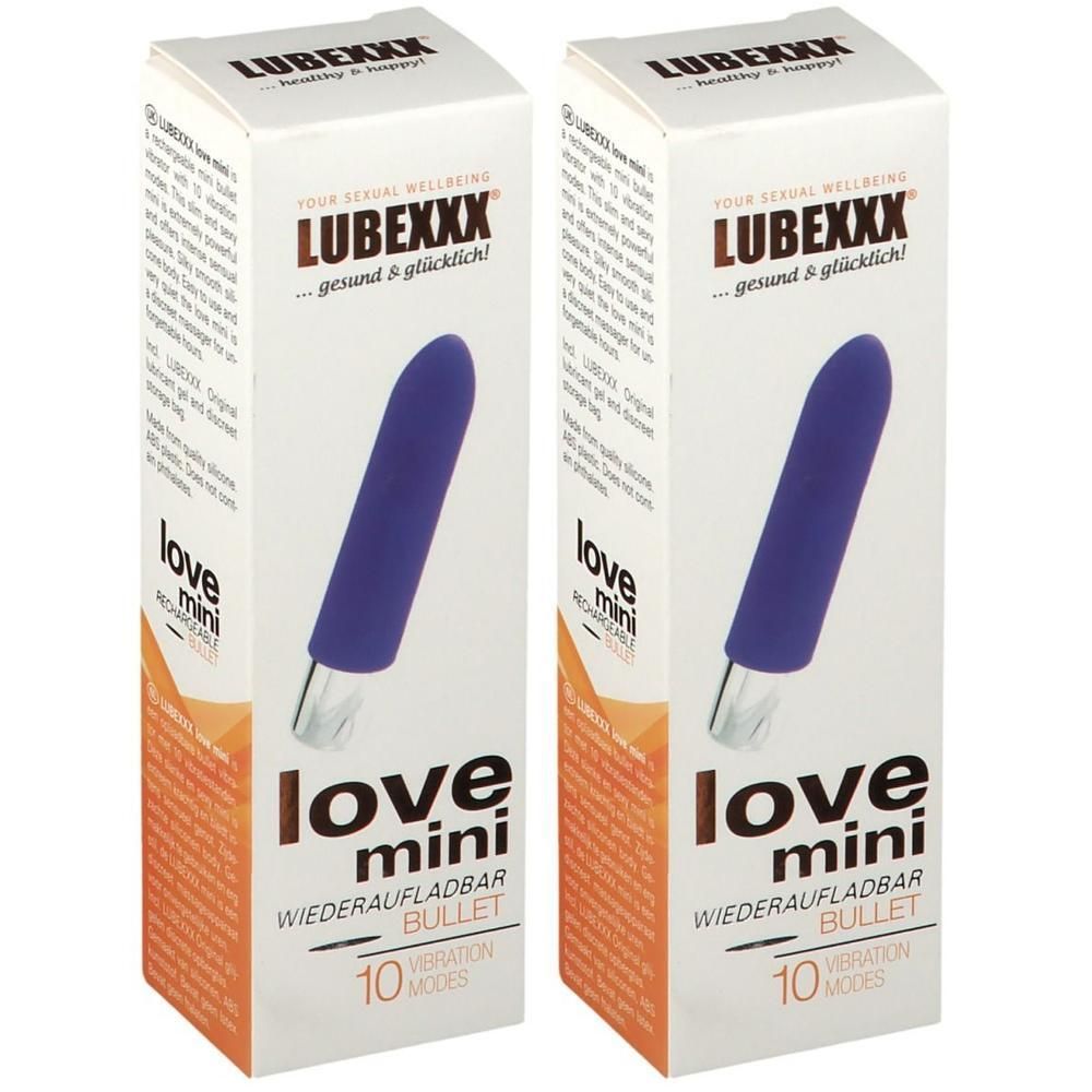 Zwei Packungen mit einem lila Bullet-Vibrator. Aufschrift: LUBEXXX, love mini, wiederaufladbar, 10 Modi.