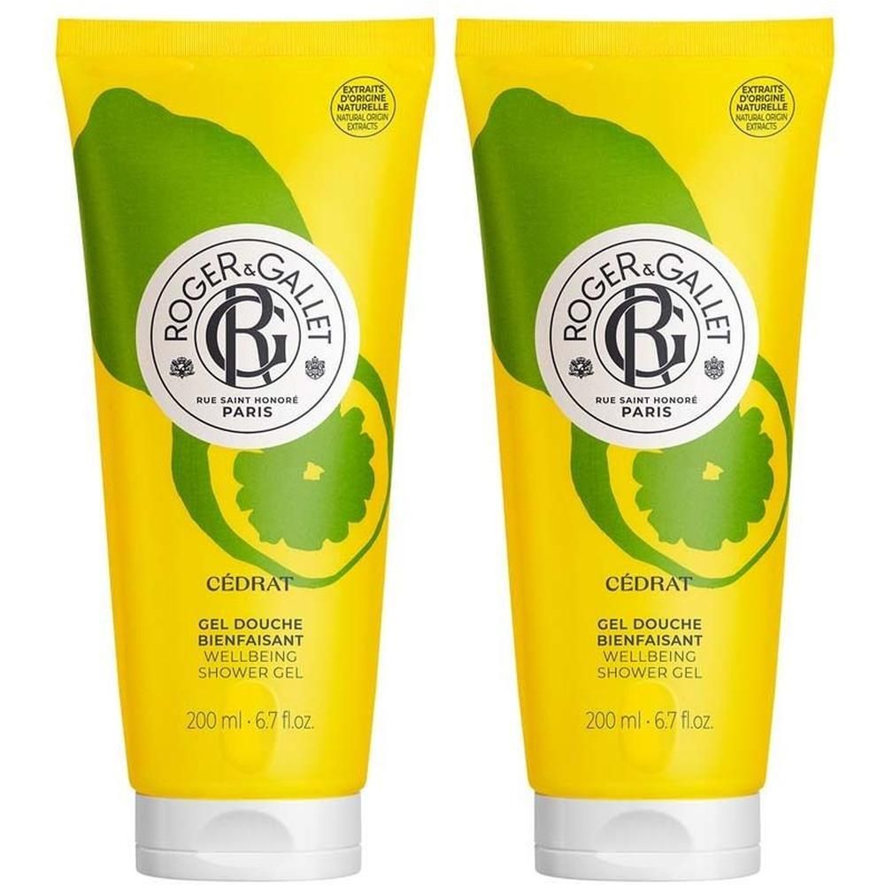 Zwei gelbe Tuben Duschgel. Aufdruck: Roger & Gallet, Cedrat, Gel Douche Bienfaisant, Wellbeing Shower Gel. 200 ml.