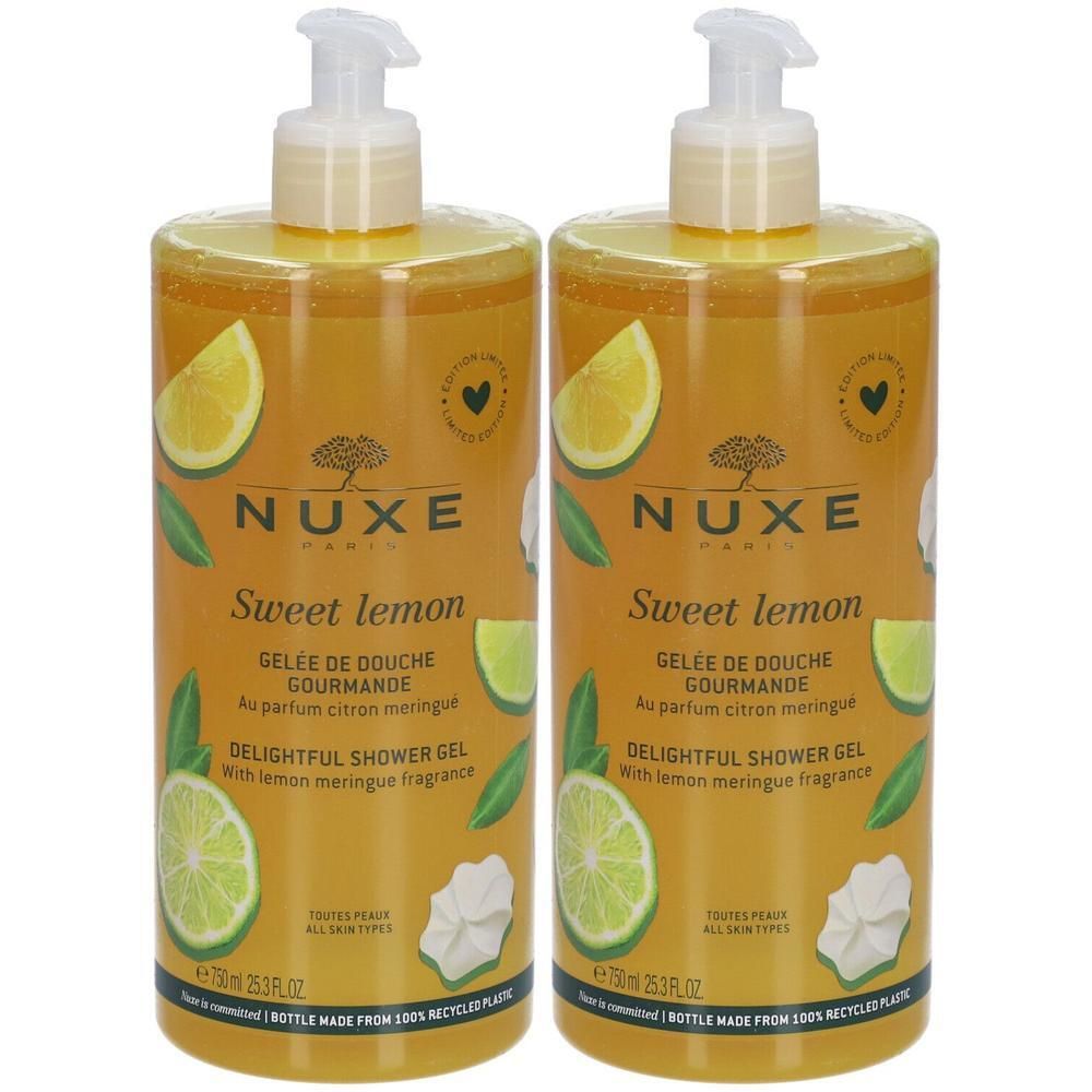 Zwei Flaschen NUXE Sweet Lemon Duschgel. Gelbe Flüssigkeit mit Zitronen- und Blättermotiven. Mit Pumpverschluss.