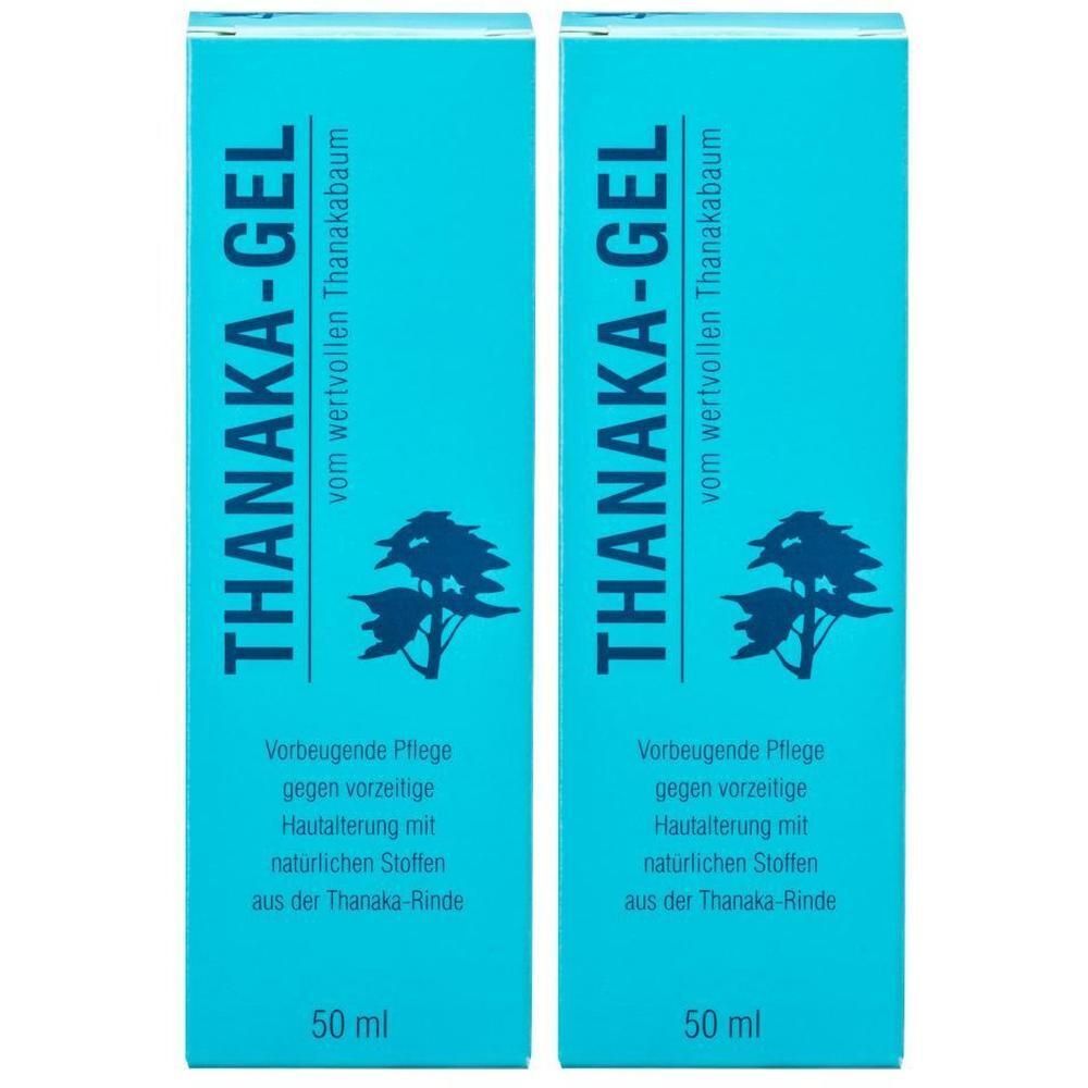 Zwei blaue Schachteln mit der Aufschrift THANAKA-GEL. Text: Vorbeugende Pflege gegen Hautalterung. Unten: 50 ml.