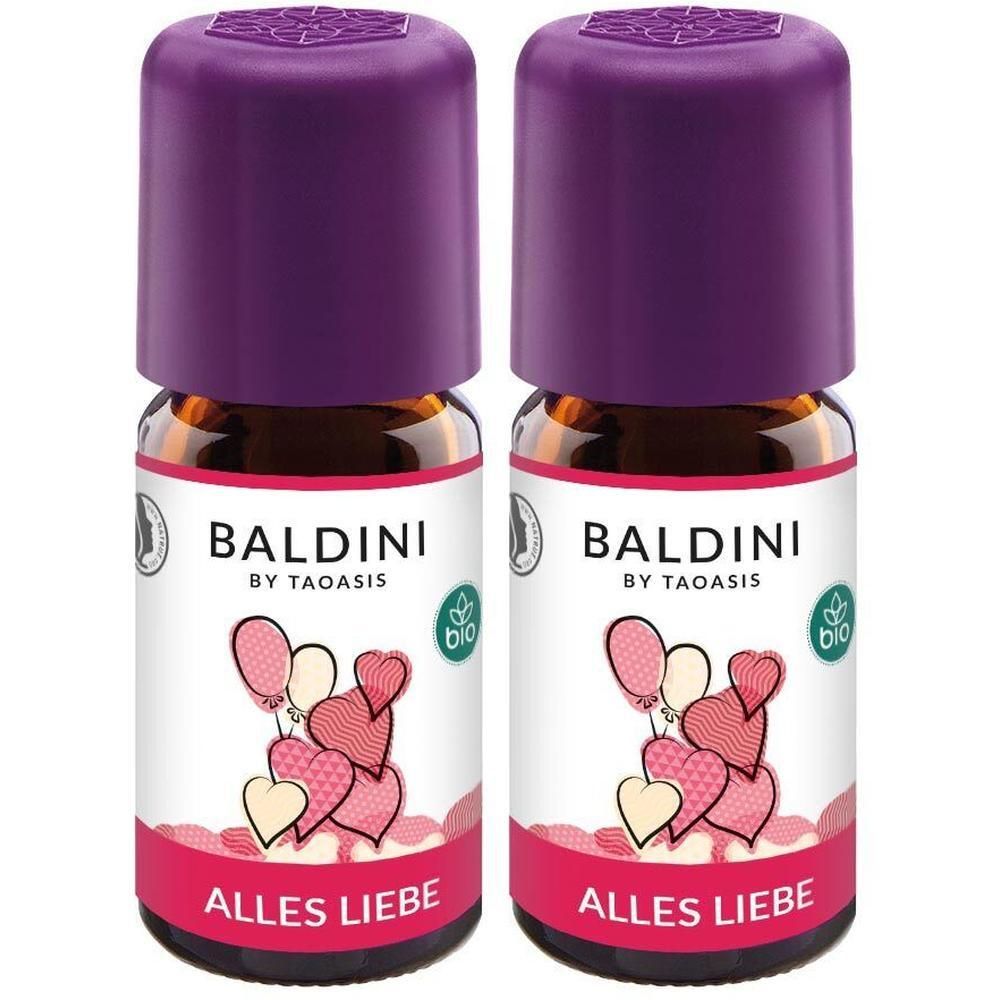 Zwei Flaschen mit lila Deckel. Auf den Etiketten steht BALDINI, darunter „Alles Liebe“. Abbildung von Herzen und Ballons.