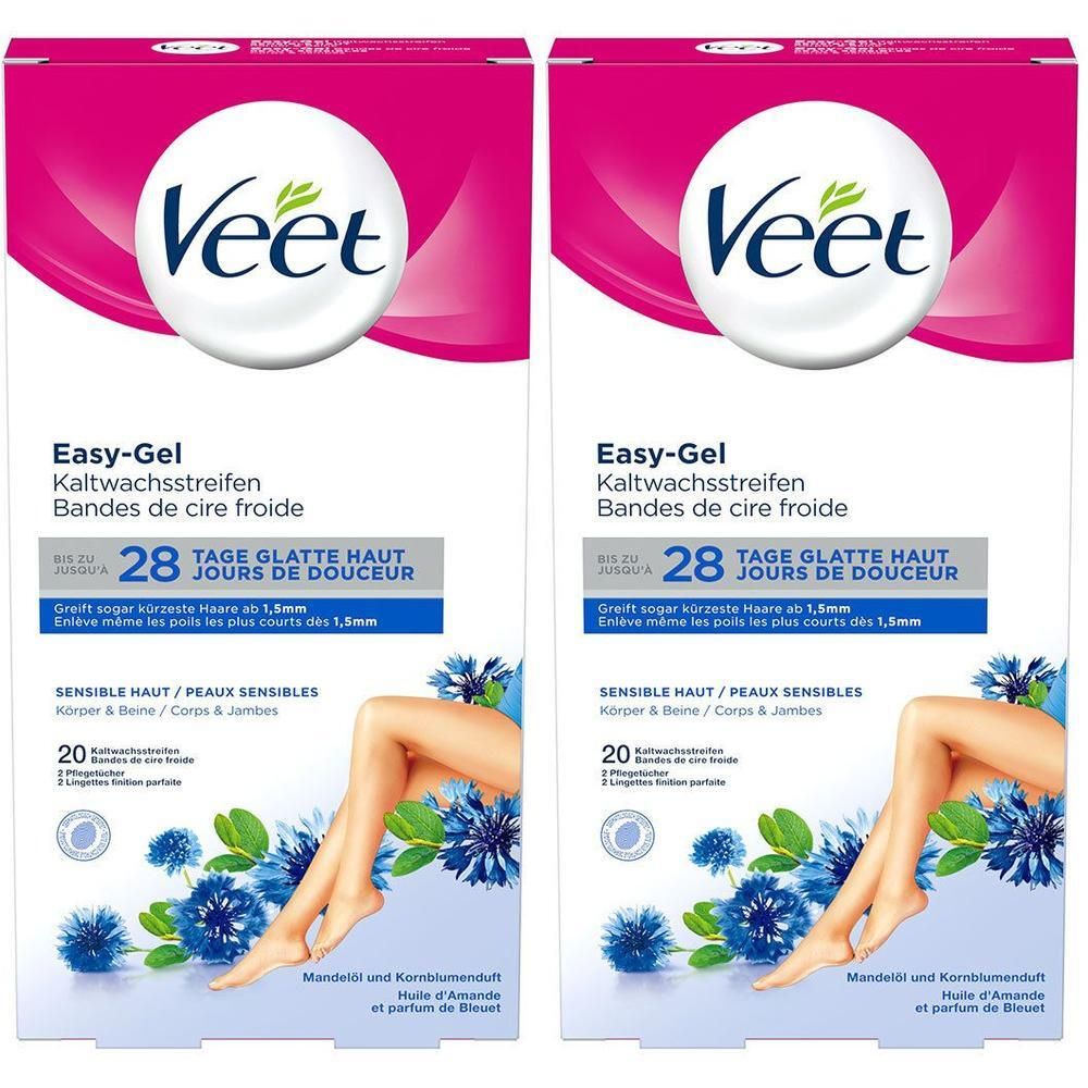 Zwei Packungen VEET Enthaarungsstreifen. Rosa-weißes Design mit Logo und Produktinformationen. Abbildung von Beinen.