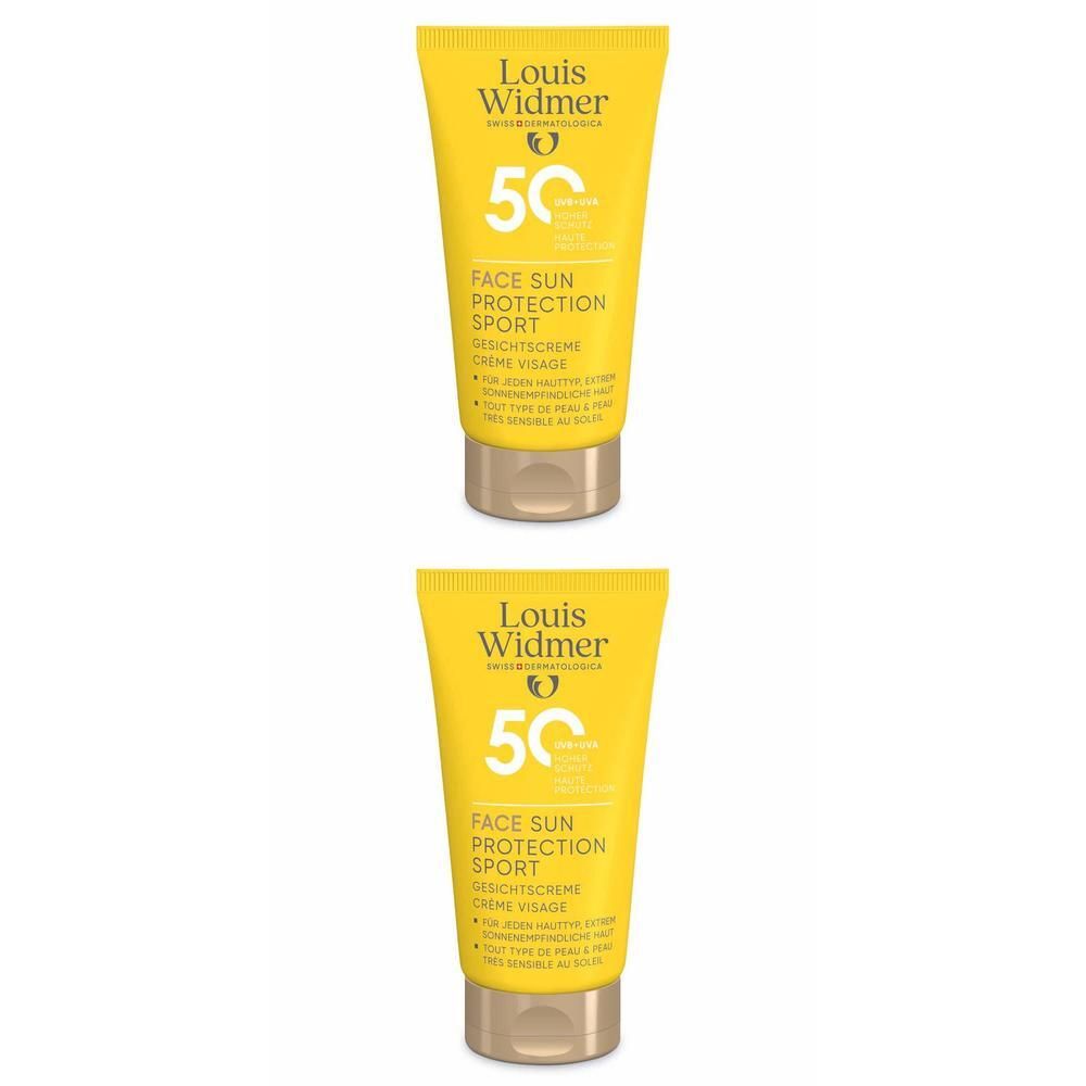 Zwei gelbe Tuben mit Sonnencreme. Aufschrift: Face Sun Protection Sport 50. Marke: Louis Widmer.
