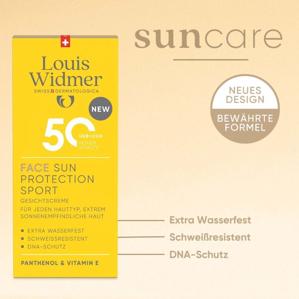 Gelbe Verpackung mit Sonnencreme. Aufschrift: Face Sun Protection Sport 50. Marke: Louis Widmer. Text: Extra wasserfest.