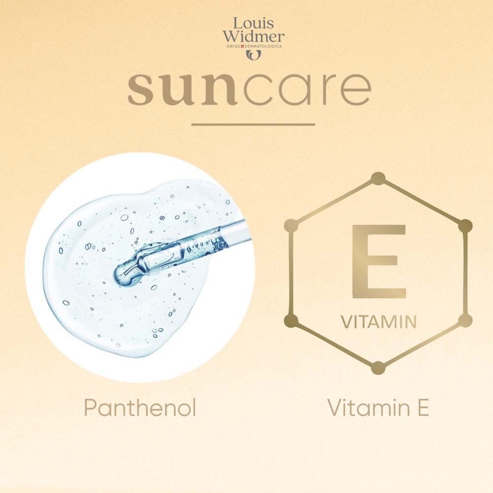 Abbildung von Panthenol und Vitamin E. Text: Suncare. Logo: Louis Widmer.
