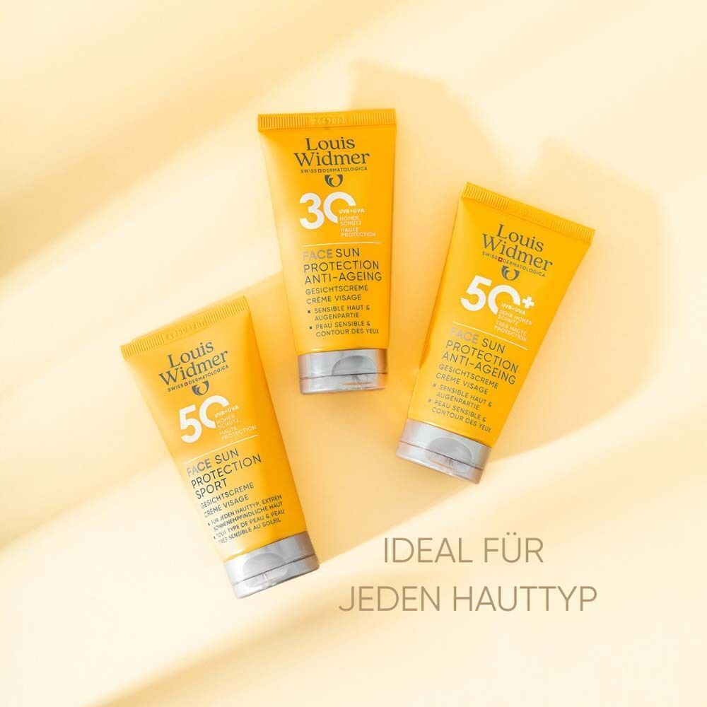 Drei Tuben Sonnencreme. Aufschrift: Face Sun Protection Anti-Ageing und Face Sun Protection Sport. Marke: Louis Widmer.