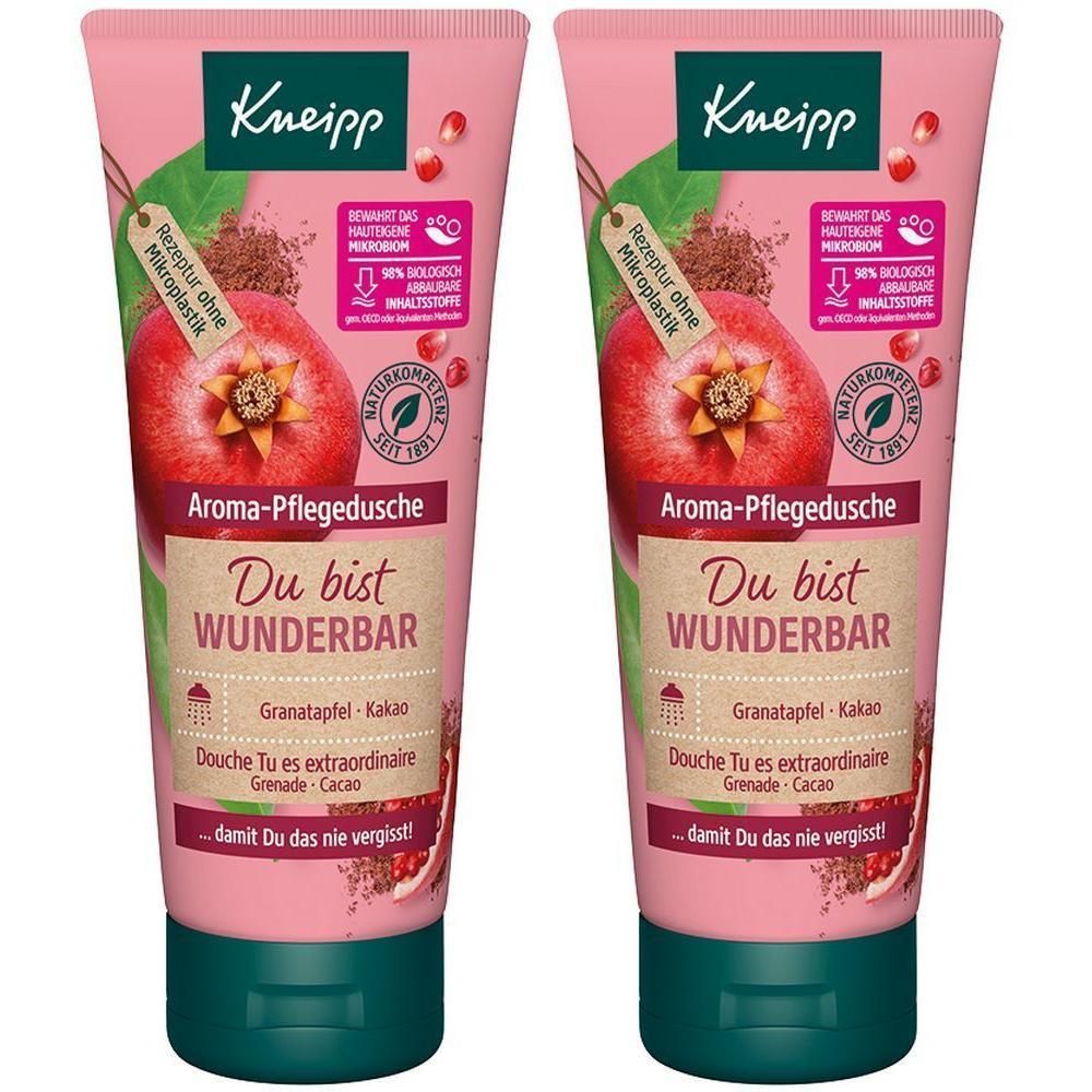 Zwei Tuben Kneipp® Aroma-Pflegedusche. Rosa Tuben mit Granatapfel-Motiv und Text: Du bist wunderbar. Rezeptur ohne Mikroplastik.