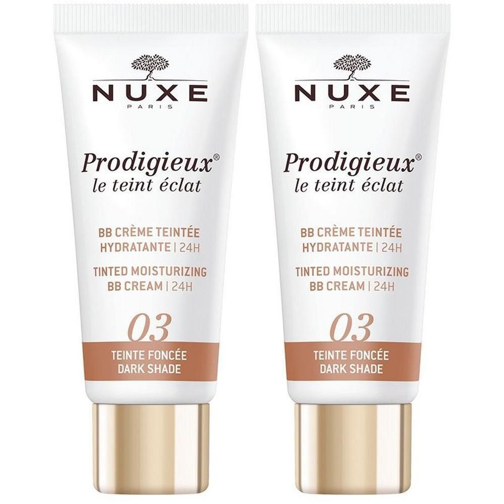 Zwei Tuben BB Creme. Weiß, mit brauner Schrift. Aufschrift: NUXE, Prodigieux, BB Crème Teintée, 03 Teinte Foncée.
