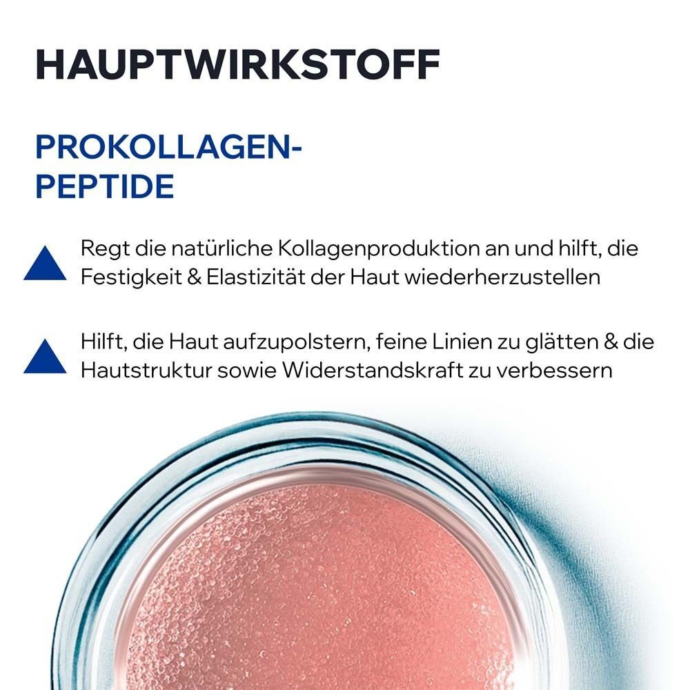 Nahaufnahme eines runden Behälters mit rosa Substanz. Text: Hauptwirkstoff Pro-Kollagen-Peptide. Beschreibungen der Wirkung auf die Haut.