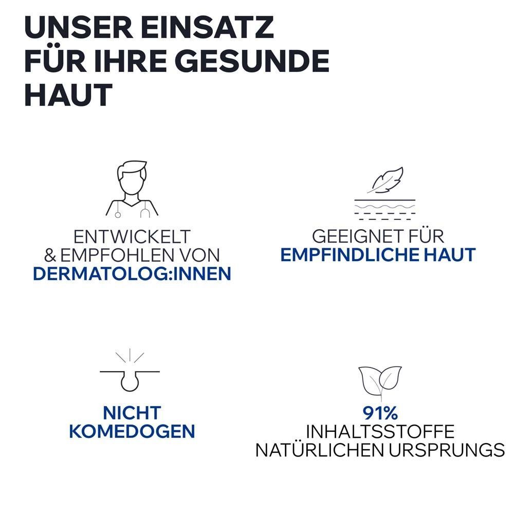 Symbole und Text. Text: Unser Einsatz für Ihre gesunde Haut. Entwickelt & empfohlen von Dermatolog:innen. Geeignet für empfindliche Haut.